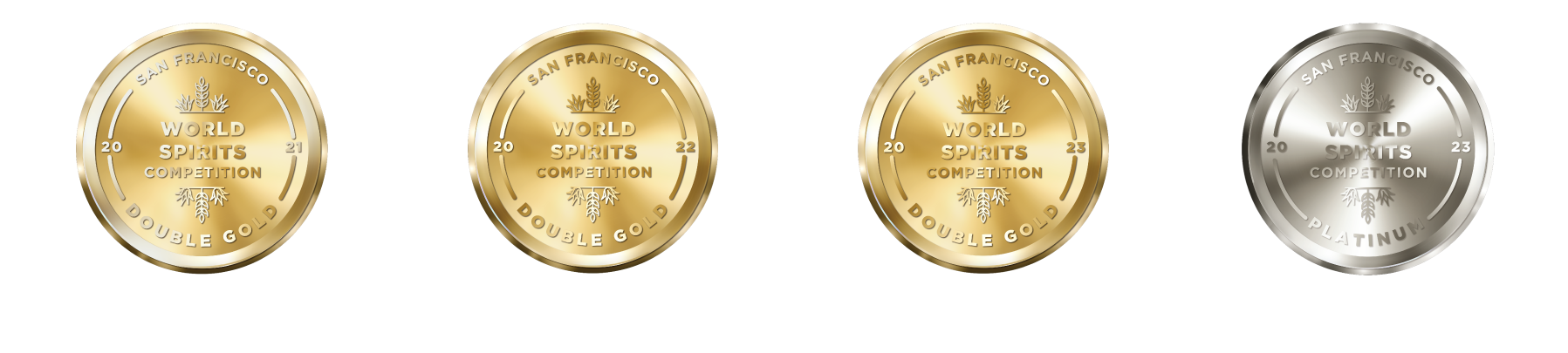 San Francisco World Spirits Competition medals from 2021, 2022, and 2023