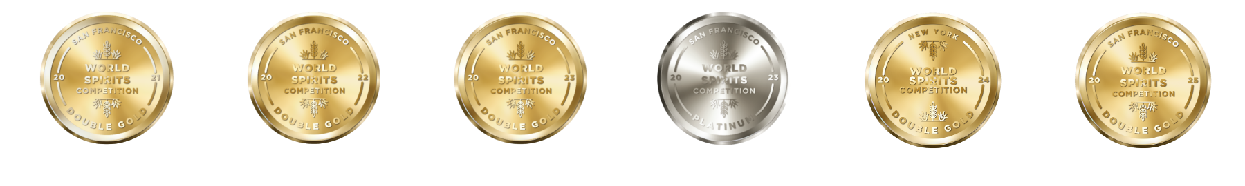 Untitled San Francisco World Spirits Competition medals from 2021, 2022, and 2023
